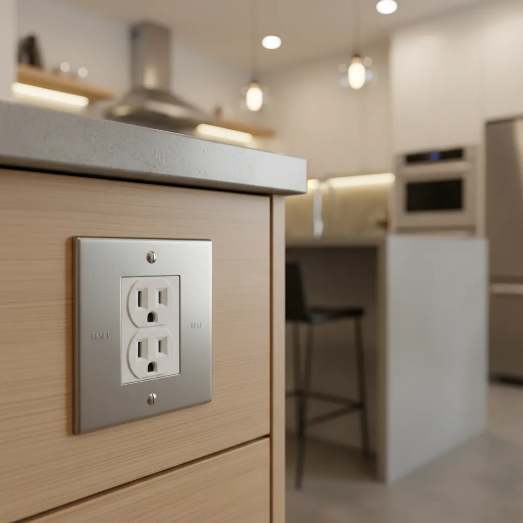Close up of GFCI outlet installed on a kitchen island panel